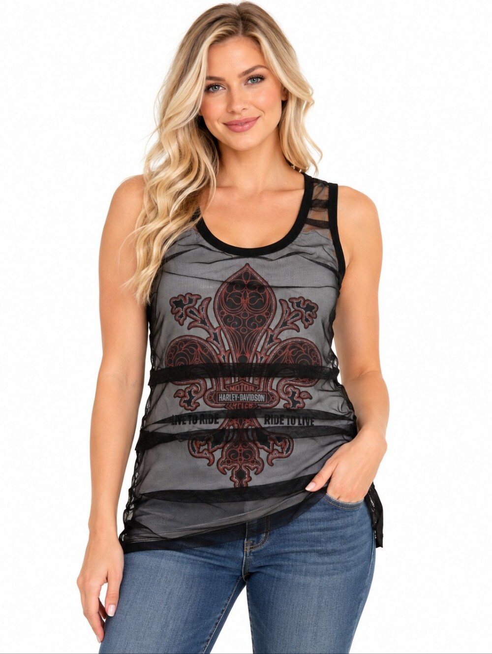 Harley Davidson Womens Mesh Tank Top Size Large Black White Embellished Moto
